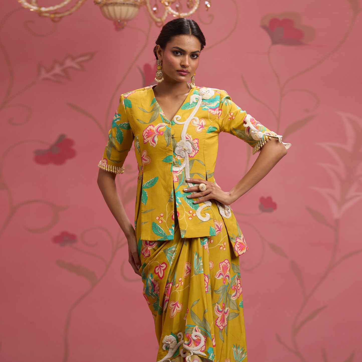 Bloom Story – Mustard Floral Hand-Embroidered Draped Fusion Set