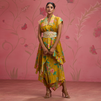 Bloom Story – Mustard Floral Indo-Western Layered Dress with Embroidered Waist Belt