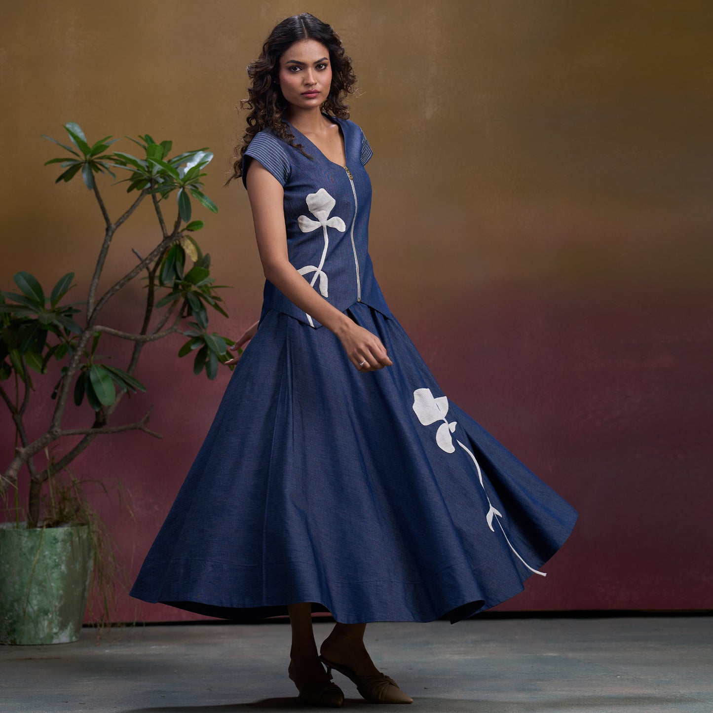 Indigo Petal Denim Waistcoat Top & Flare Skirt Set