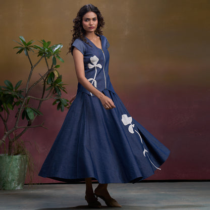 Indigo Petal Denim Waistcoat Top & Flare Skirt Set