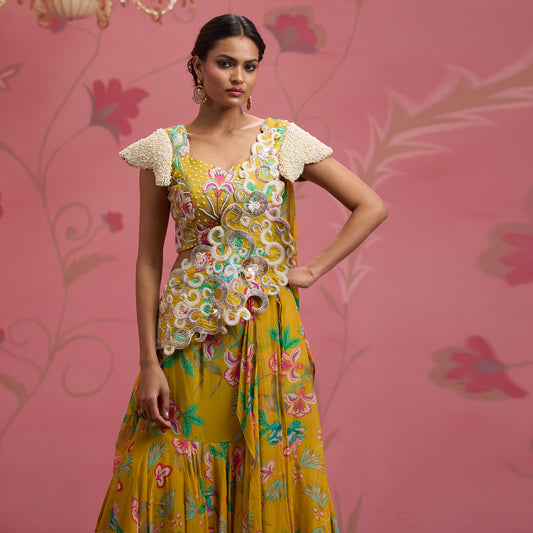 Bloom Story – Mustard Garden Handcrafted Draped Lehenga Set