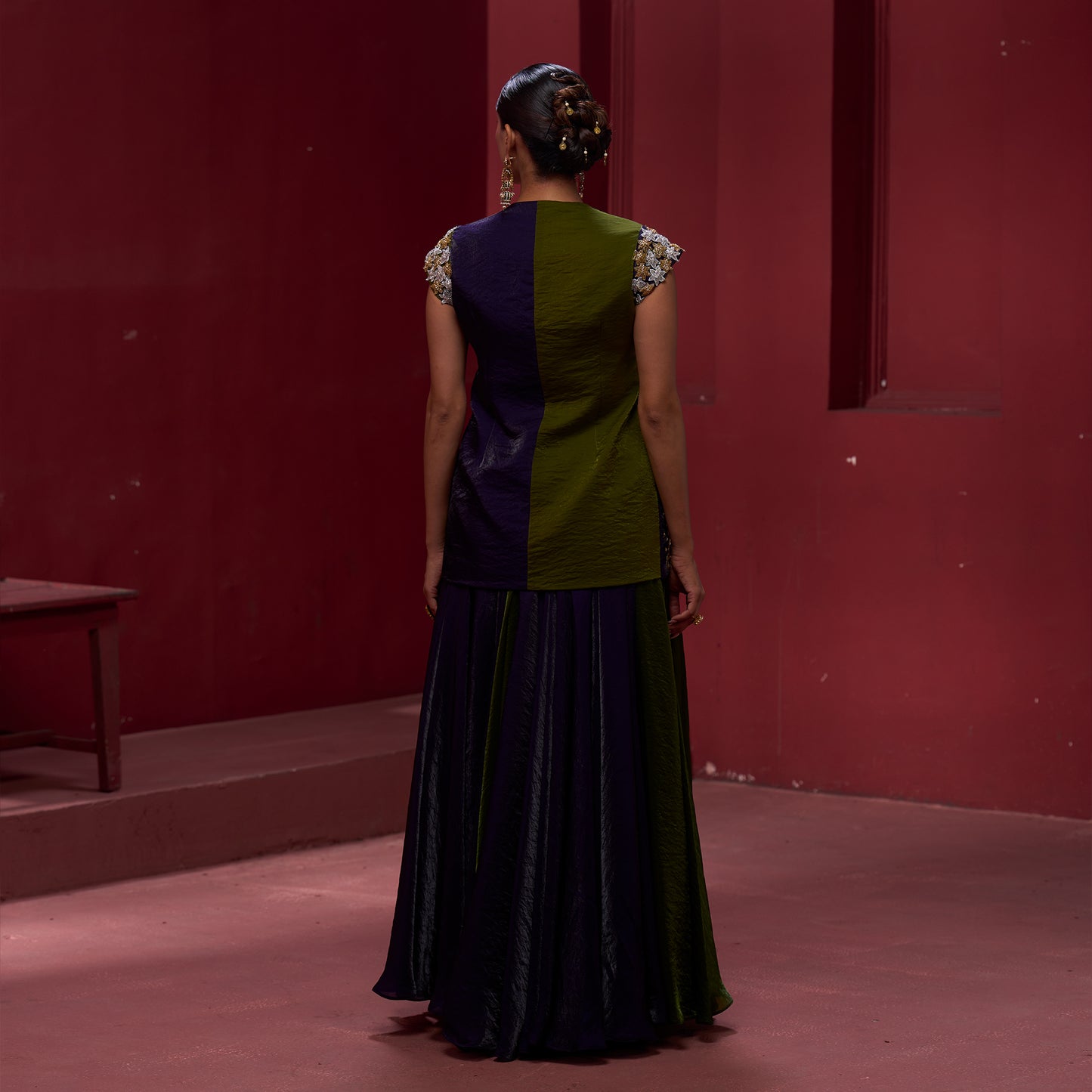 Flare Purple & Green Skirt with Embellished Top