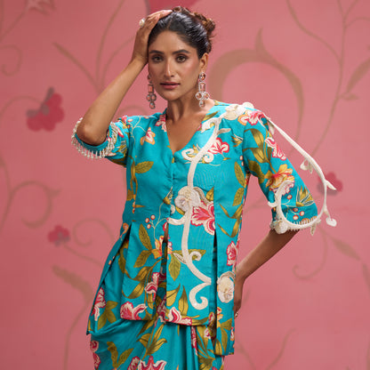 Bloom Story – Teal Hand-Embroidered Draped Fusion Set