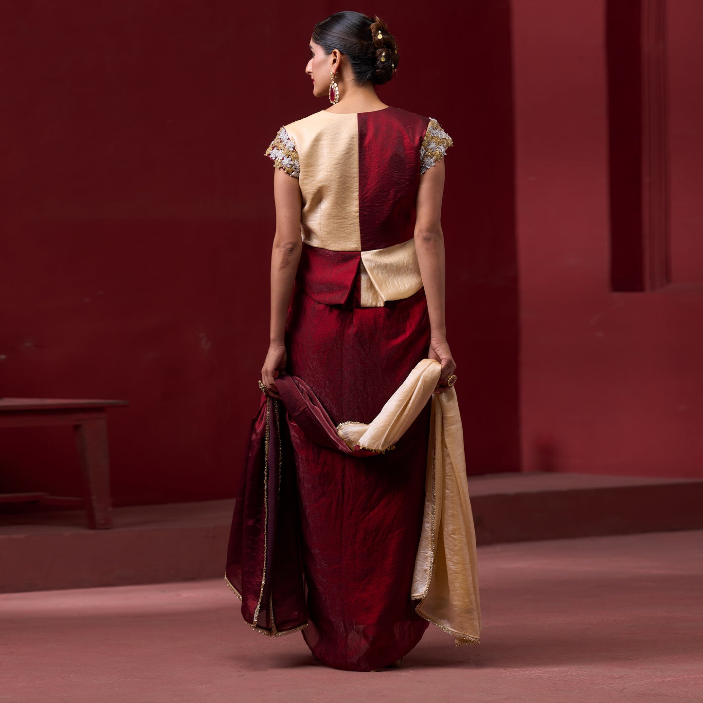 Embellished Red & Cream Top with Flare Skirt