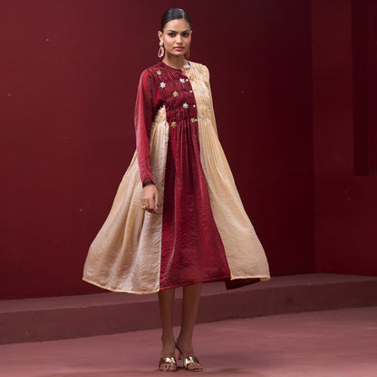Flare embellished Red & Cream kurta Dress