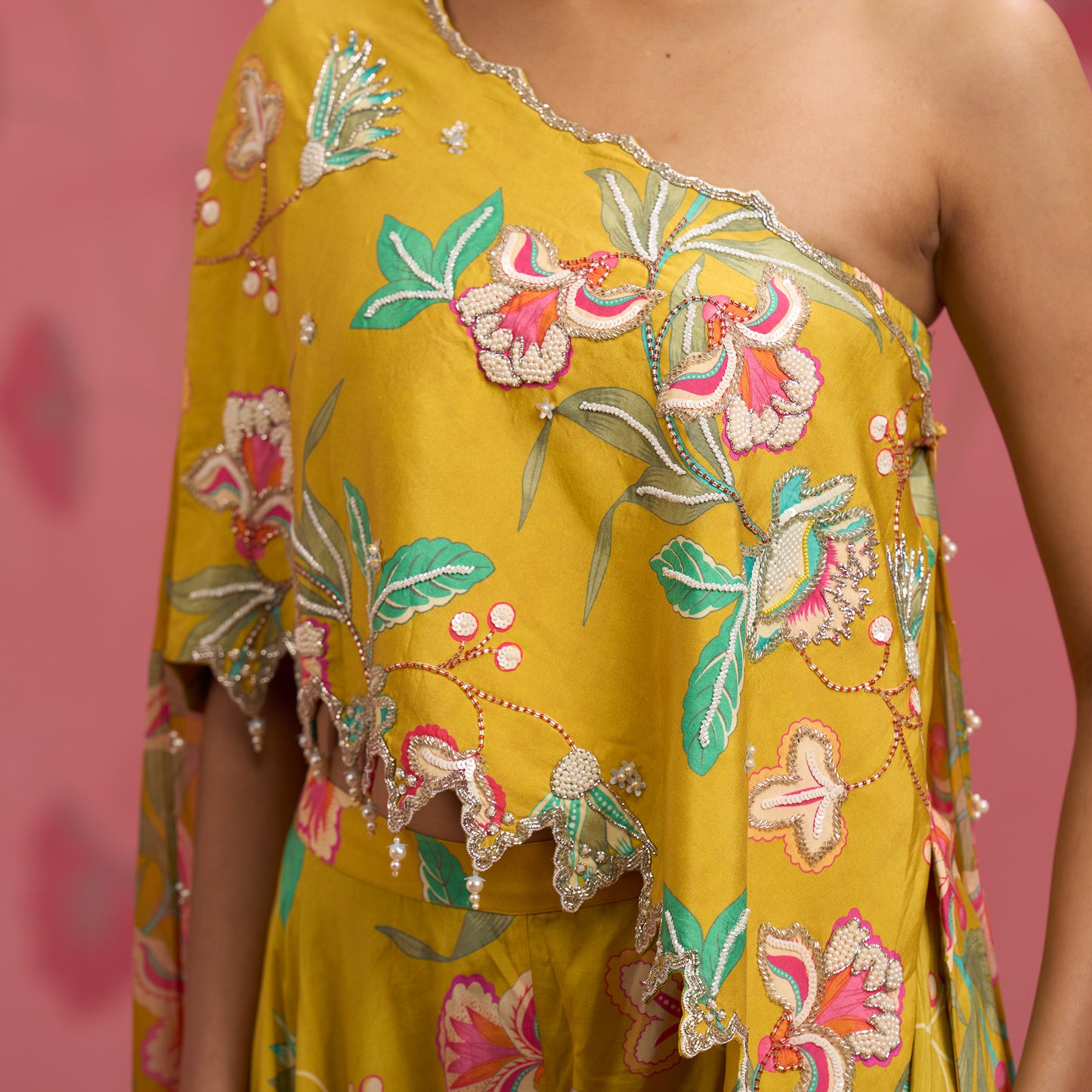 Bloom Story – Mustard One-Shoulder Hand-Embroidered Cape Top Set