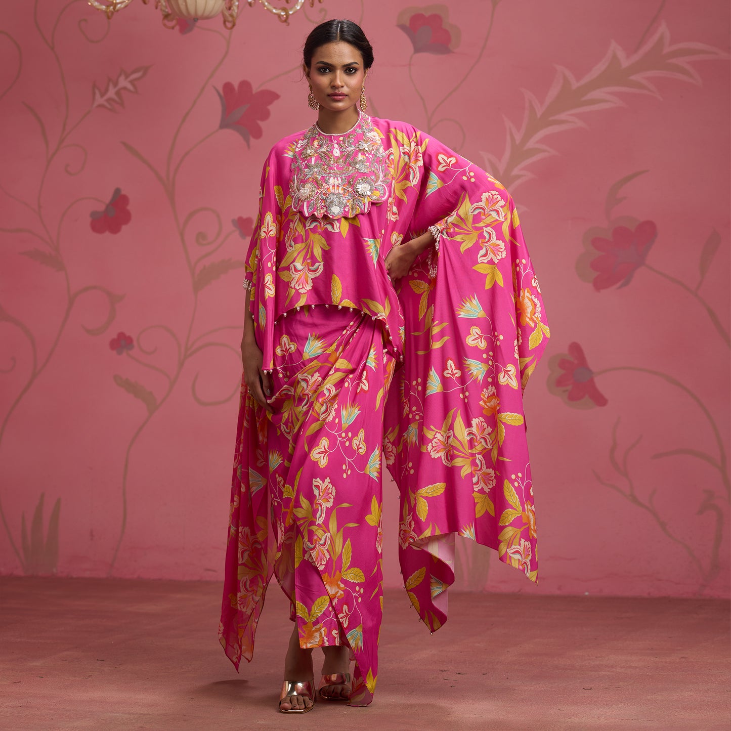 Bloom Story – Rose Pink Hand-Embroidered Cape Top Set