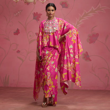 Bloom Story – Rose Pink Hand-Embroidered Cape Top Set