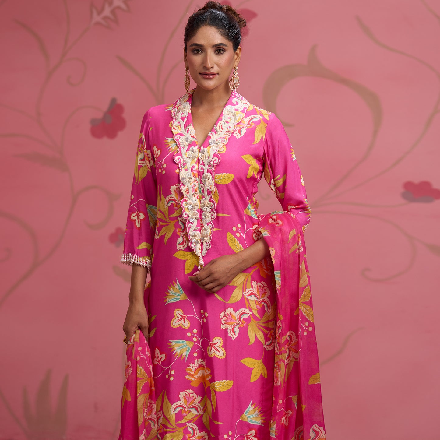 Bloom Story – Rose Pink Hand-Embroidered Fusion Kurta Set