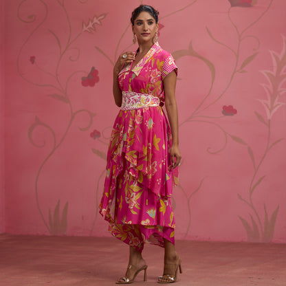 Bloom Story – Rose Pink Indo-Western Layered Dress with Embroidered Waist Belt