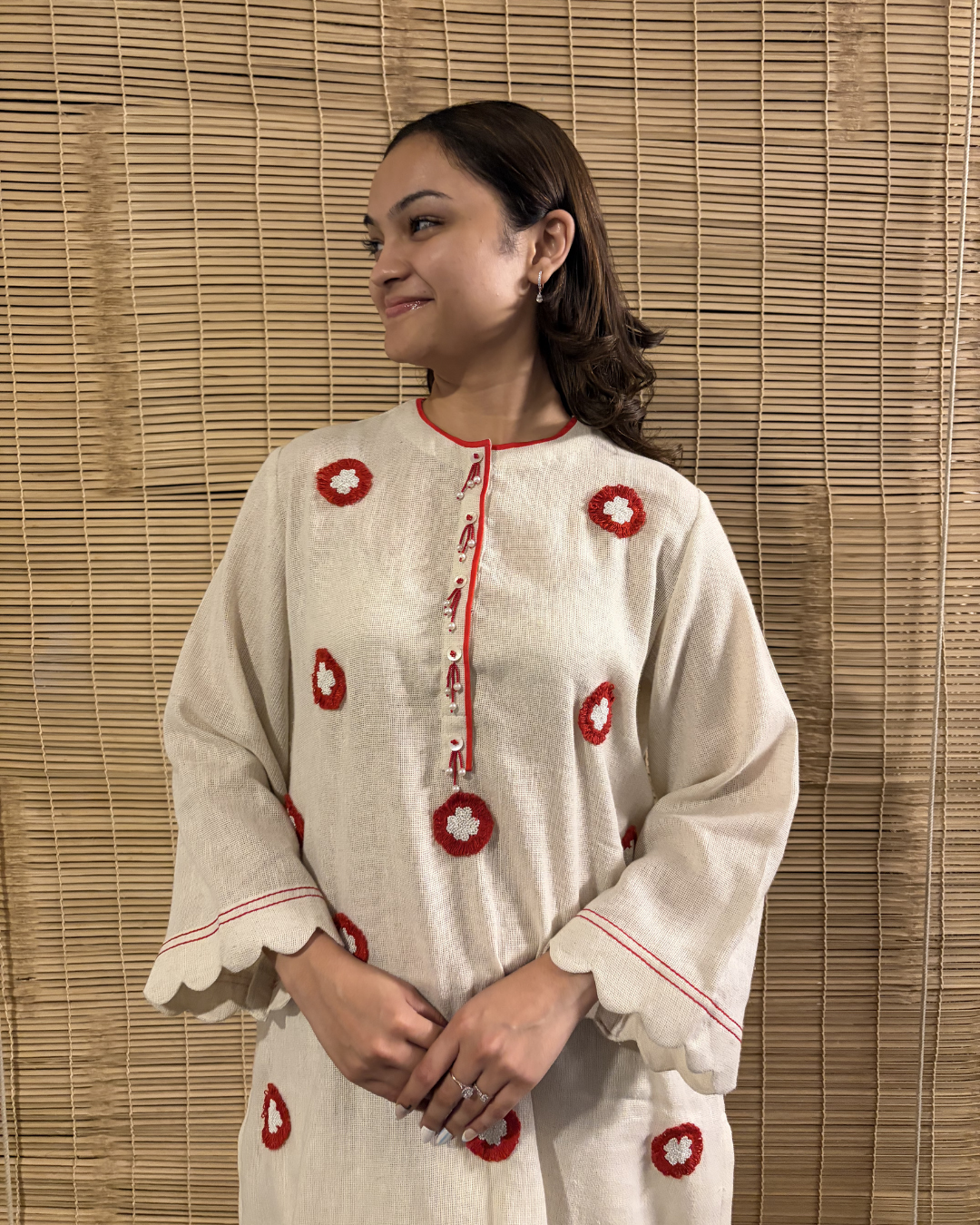 Flower Embroidered Kurta Pant Set - Red