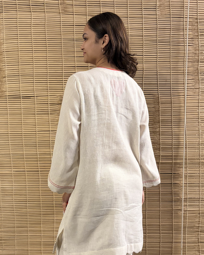 Flower Embroidered Kurta Pant Set - Red