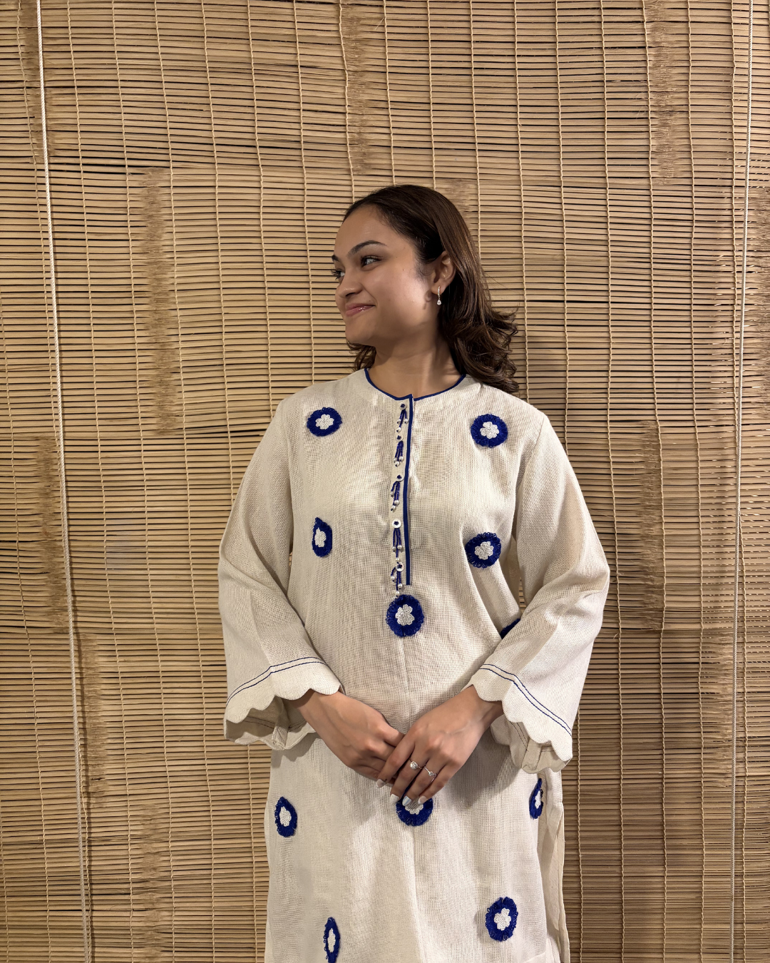 Flower Embroidered Kurta Pant Set - Blue