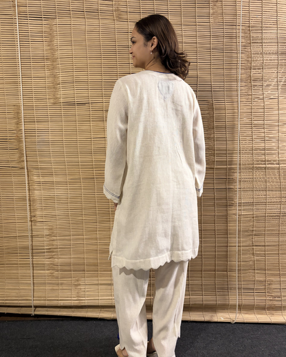 Flower Embroidered Kurta Pant Set - Blue
