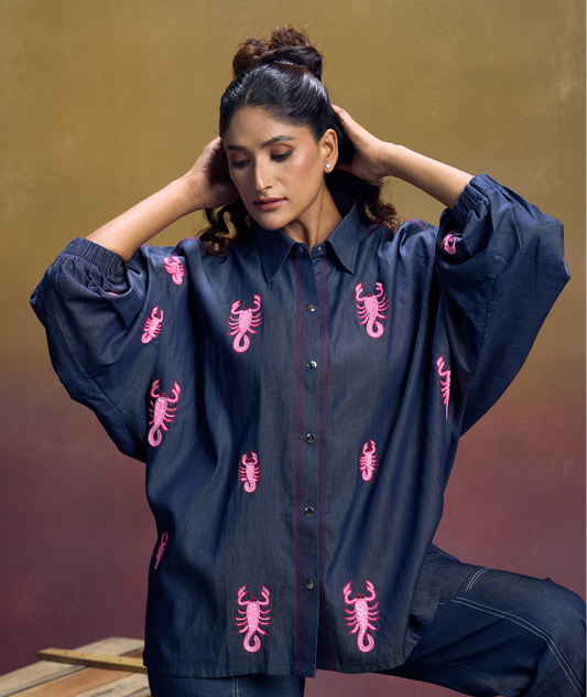 Indigo Scorpion Stitch Denim Shirt - Pink