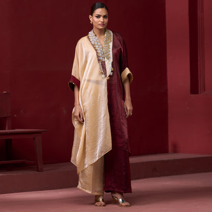 Embellished Red & Cream Neck Kaftan Set 1