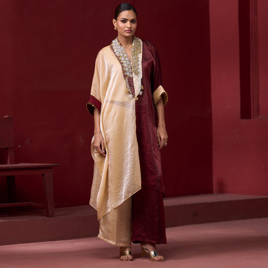 Embellished Red & Cream Neck Kaftan Set 1