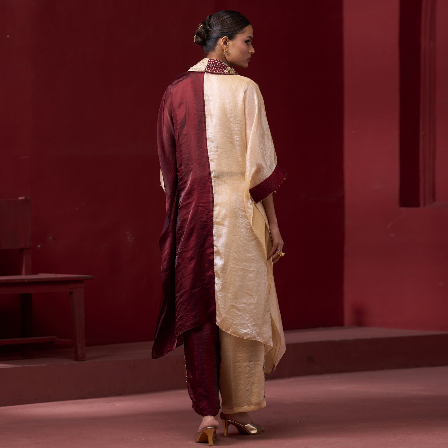 Embellished Red & Cream Neck Kaftan Set 3