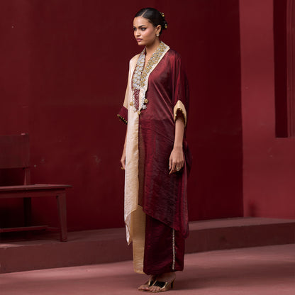 Embellished Red & Cream Neck Kaftan Set 4