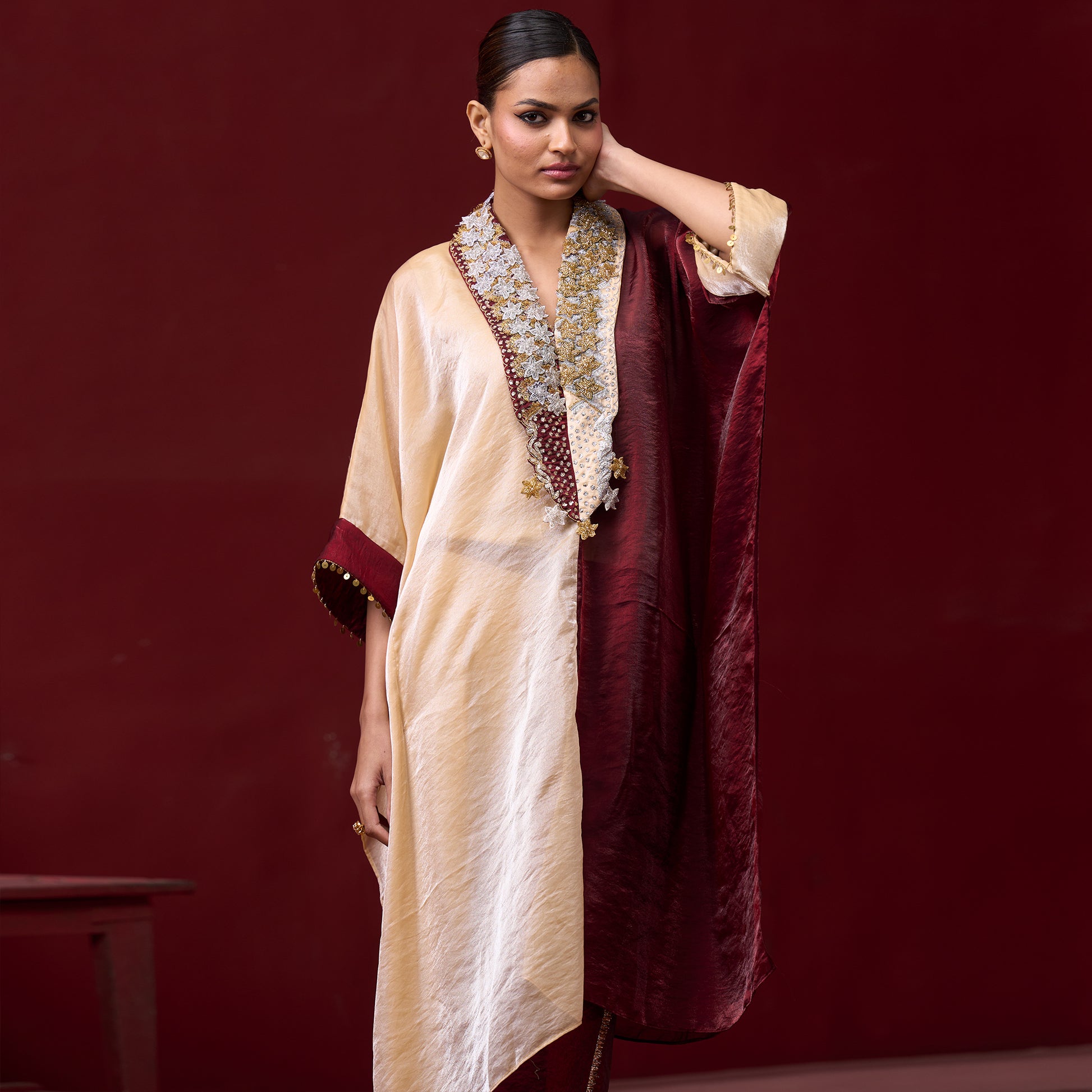 Embellished Red & Cream Neck Kaftan Set 5