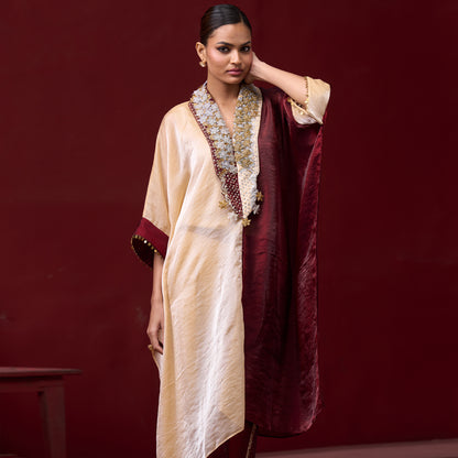Embellished Red & Cream Neck Kaftan Set 5