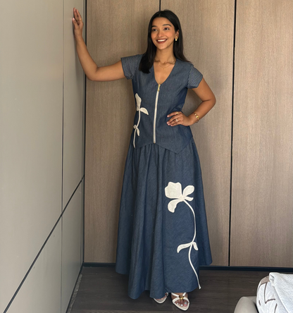 Indigo Petal Denim Waistcoat Top & Flare Skirt Set