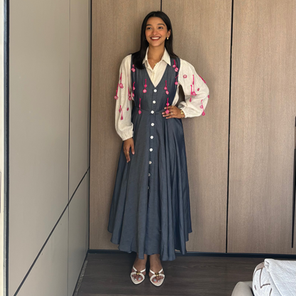 Indigo Blossom Denim Pinafore Dress